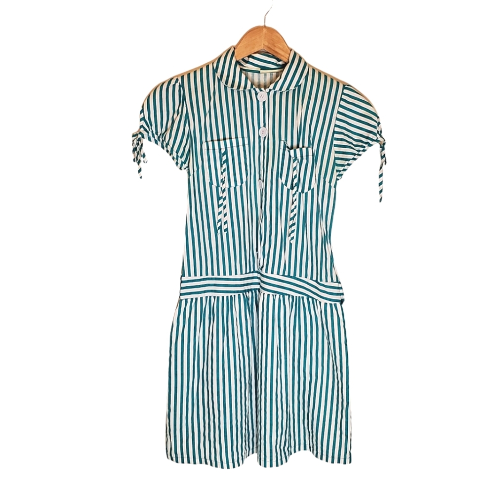 Ready Go Green Striped Button-Up Dress with Rounded Collar & Front Pockets